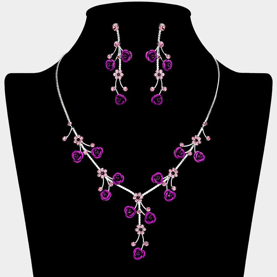Rhinestone Rose Flower Vine Necklace Set, Elegant Crystal Bridal Jewelry