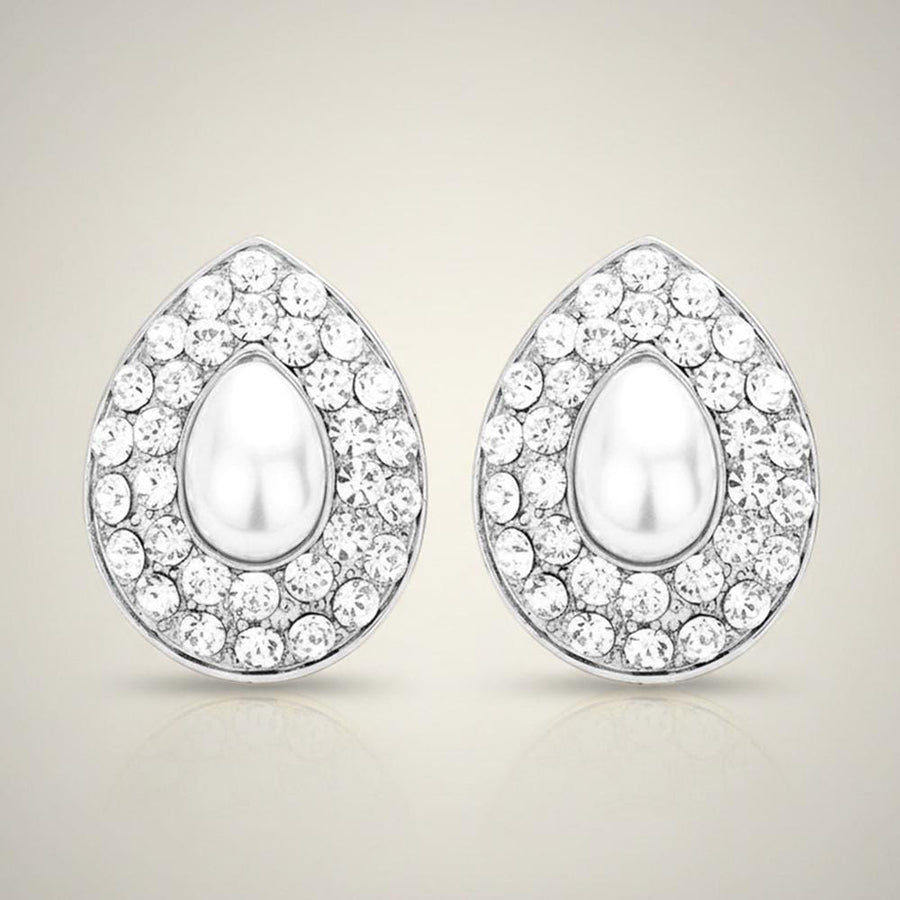 Teardrop Pearl Clip On Earrings, Pave Drop Bridal Wedding Jewelry