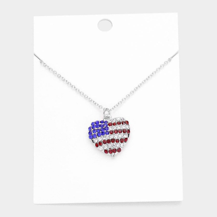 Rhinestone American Flag Heart Pendant Necklace, USA Patriotic Jewelry, Fourth of July Charm