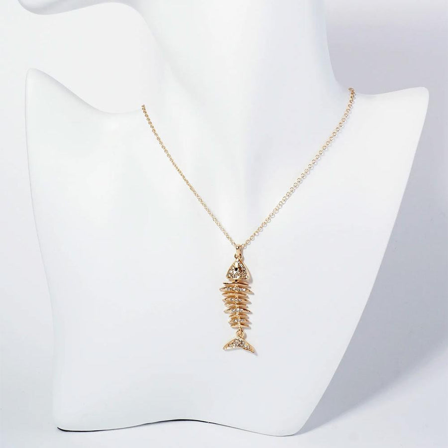 Crystal Pave Fishbone Pendant Necklace, Edgy Minimalist Charm Jewelry