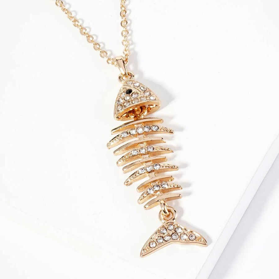 Crystal Pave Fishbone Pendant Necklace, Edgy Minimalist Charm Jewelry