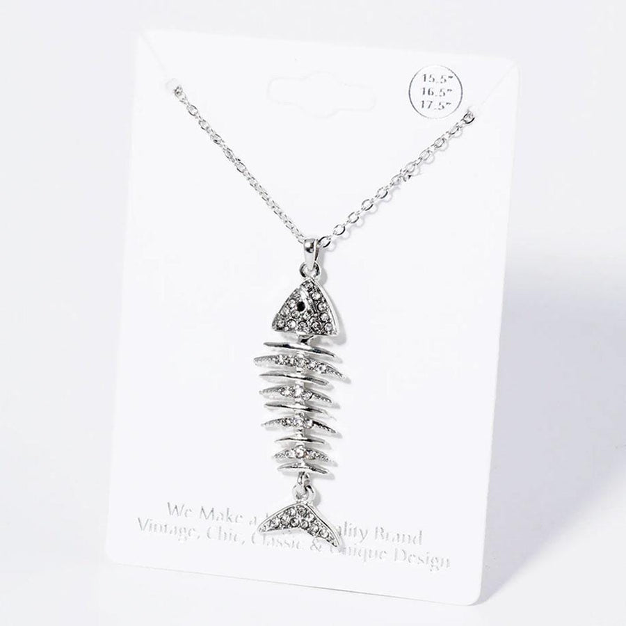 Crystal Pave Fishbone Pendant Necklace, Edgy Minimalist Charm Jewelry