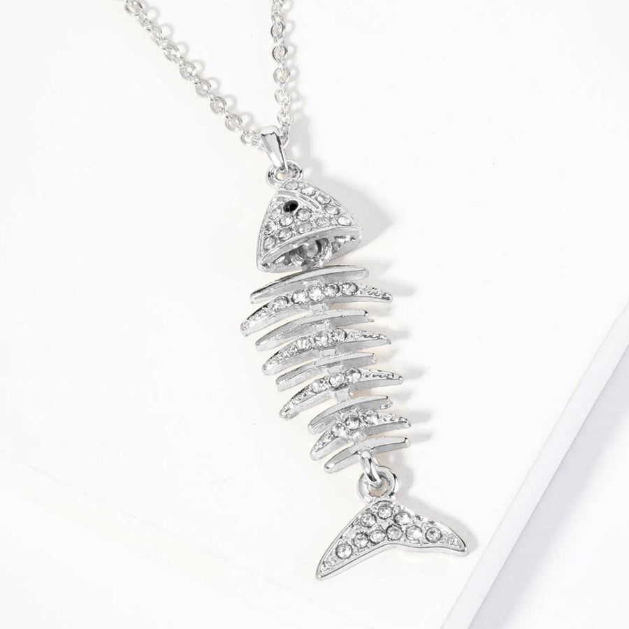 Crystal Pave Fishbone Pendant Necklace, Edgy Minimalist Charm Jewelry