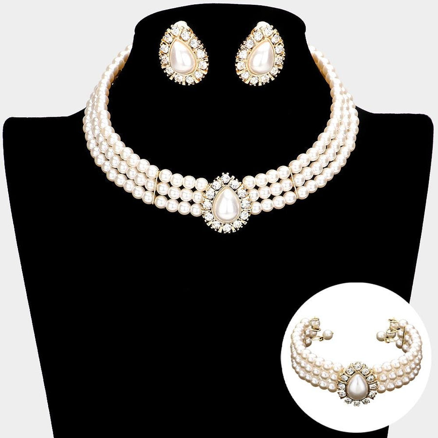 3-Piece Teardrop Pearl Choker Jewelry Set, Layered Necklace, Bridal Wedding Statement Choker