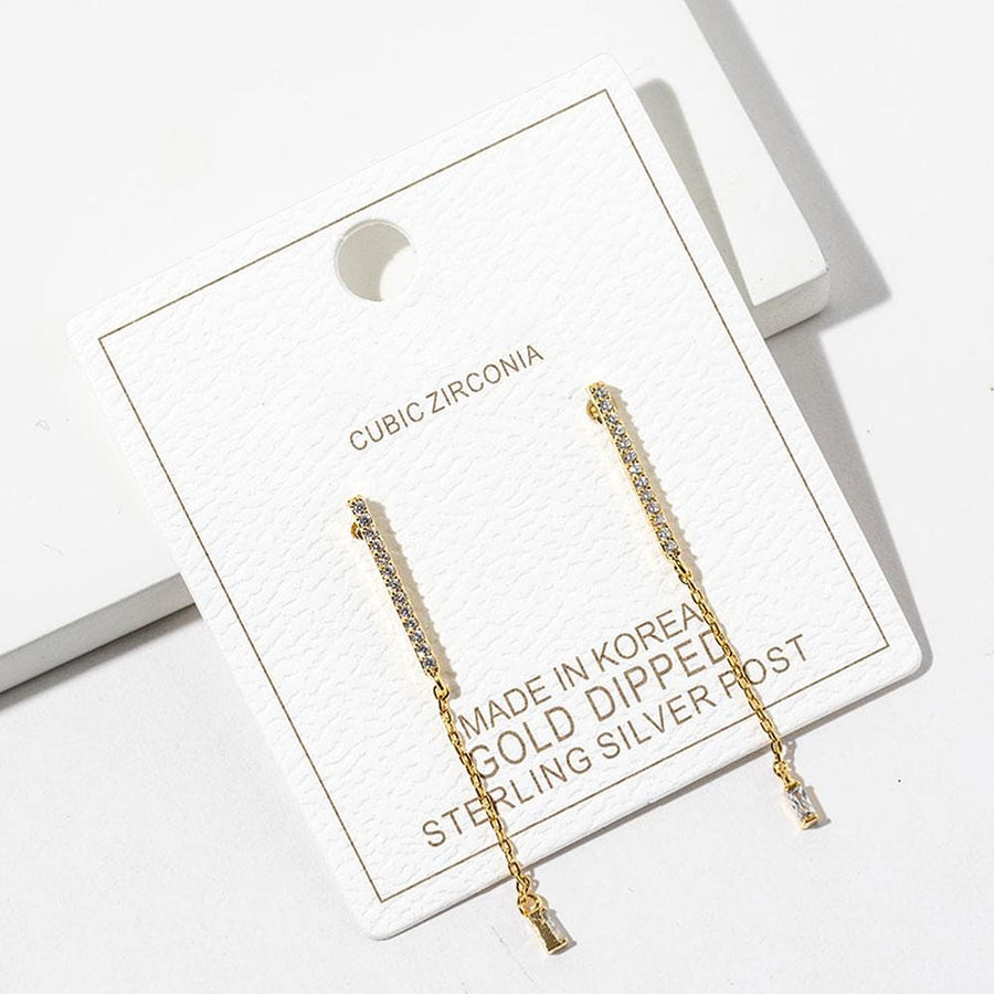 Gold Dipped CZ Pave Linear Bar Drop Earrings, Minimalist Bridal Jewelry