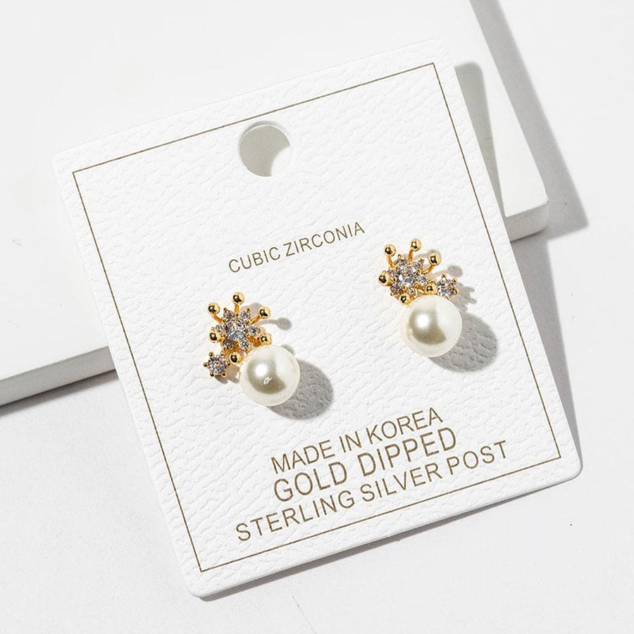 Gold Dipped CZ Crown Pearl Drop Stud Earrings, Bridal Pearl Earring, Dainty Elegant Studs