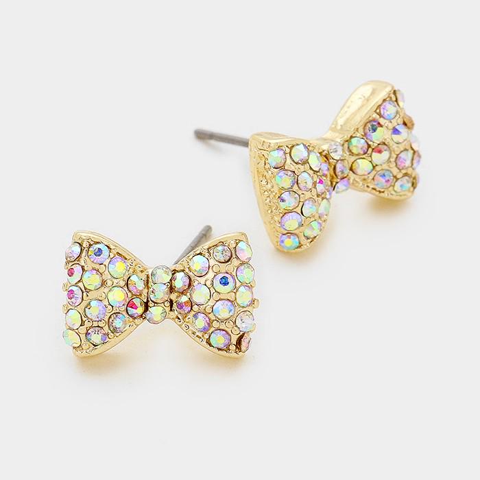 Crystal Bow Stud Earrings, Sparkle Ribbon Bow Studs, Minimalist Everyday Jewelry