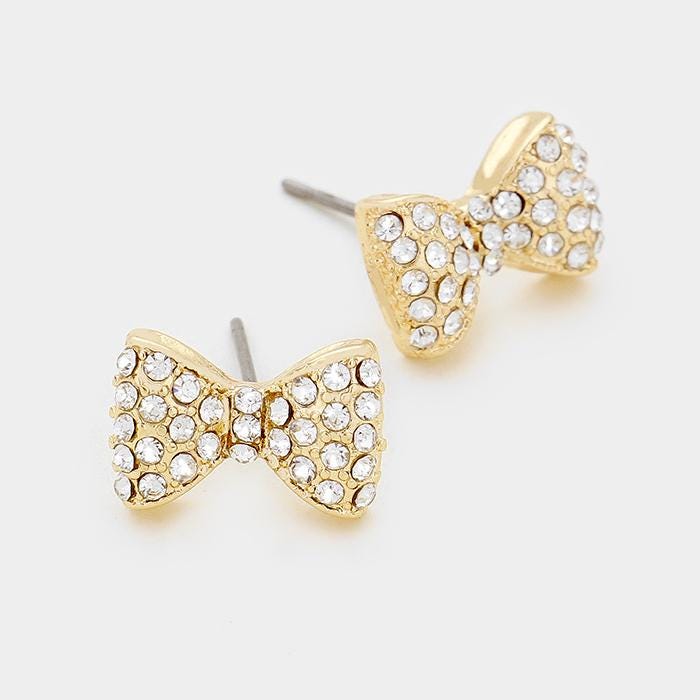 Crystal Bow Stud Earrings, Sparkle Ribbon Bow Studs, Minimalist Everyday Jewelry