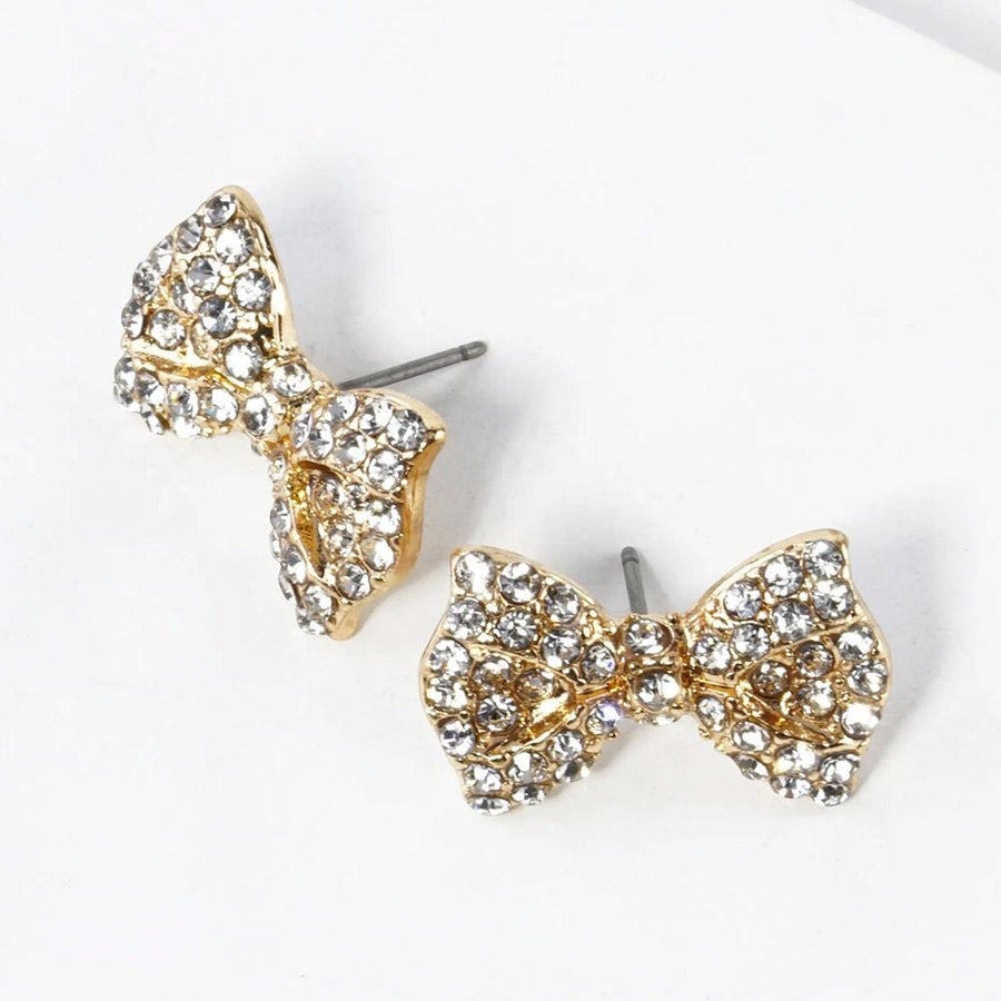 Crystal Rhinestone Bow Stud Earrings, Dainty Ribbon Sparkle Jewelry Studs
