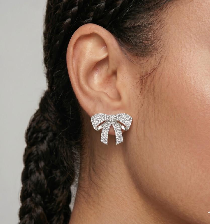 Pave Bow Crystal Earrings, Dainty CZ Studs, Feminine Sparkle Jewelry