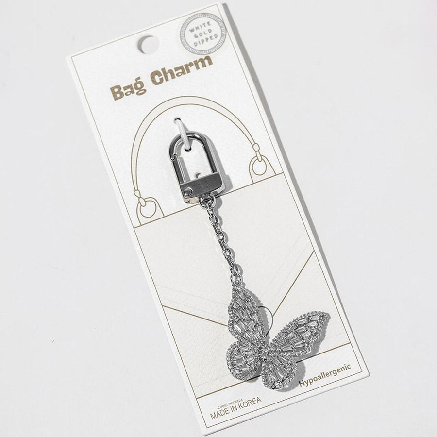 Gold Dipped CZ Pave Butterfly Keychain Bag Charm, Shimmering Crystal Accent Accessory