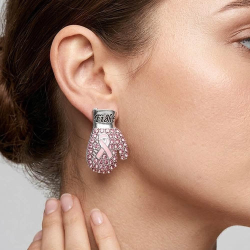 Pink Ribbon Boxing Glove Earrings | Stone Paved Fight Message Breast Cancer Awareness Jewelry