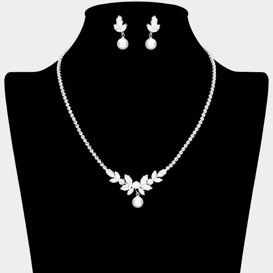 Pearl Marquise CZ Cluster Necklace | Paved Statement Bridal Jewelry Set