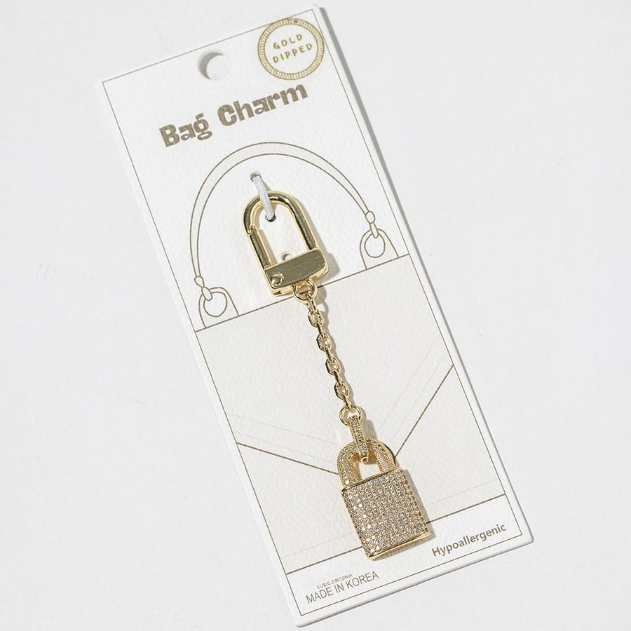 Gold Dipped Padlock Charm Keychain, Pave CZ Sparkle Lock Bag Accessory