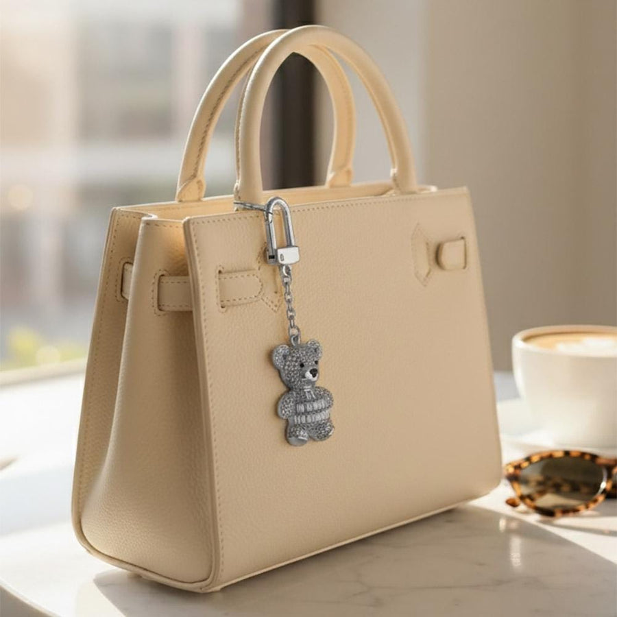Gold Dipped CZ Pave Teddy Bear Keychain Bag Charm, Sparkle Bear Accessory