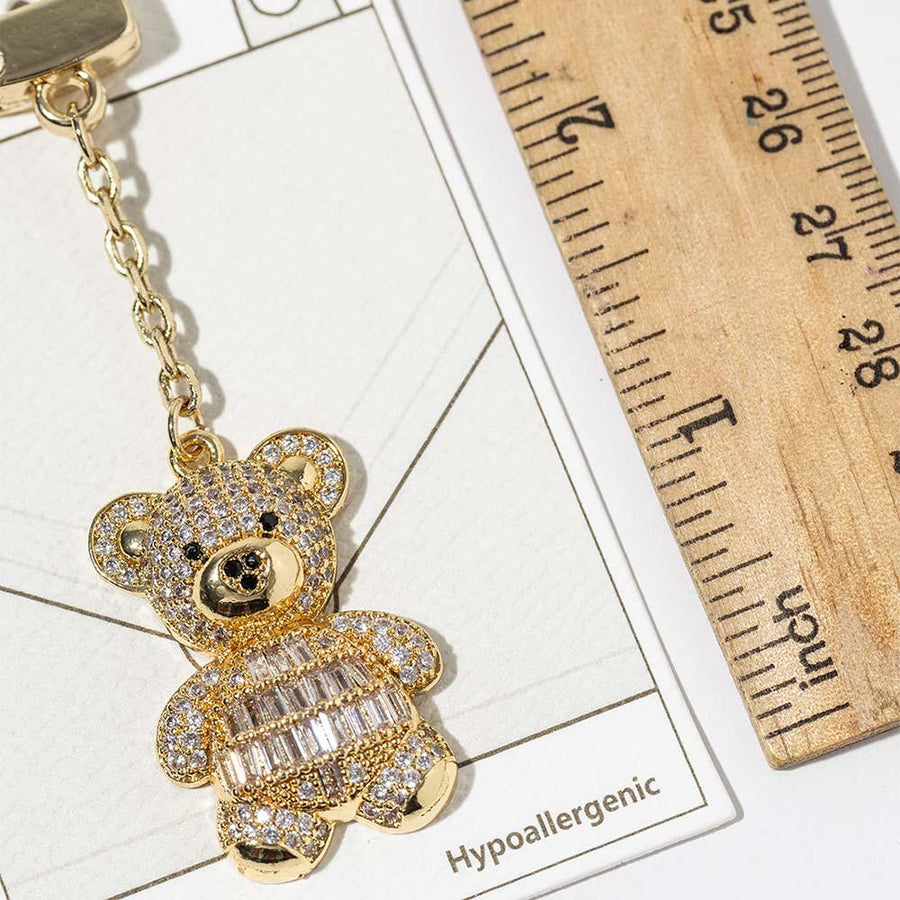 Gold Dipped CZ Pave Teddy Bear Keychain Bag Charm, Sparkle Bear Accessory