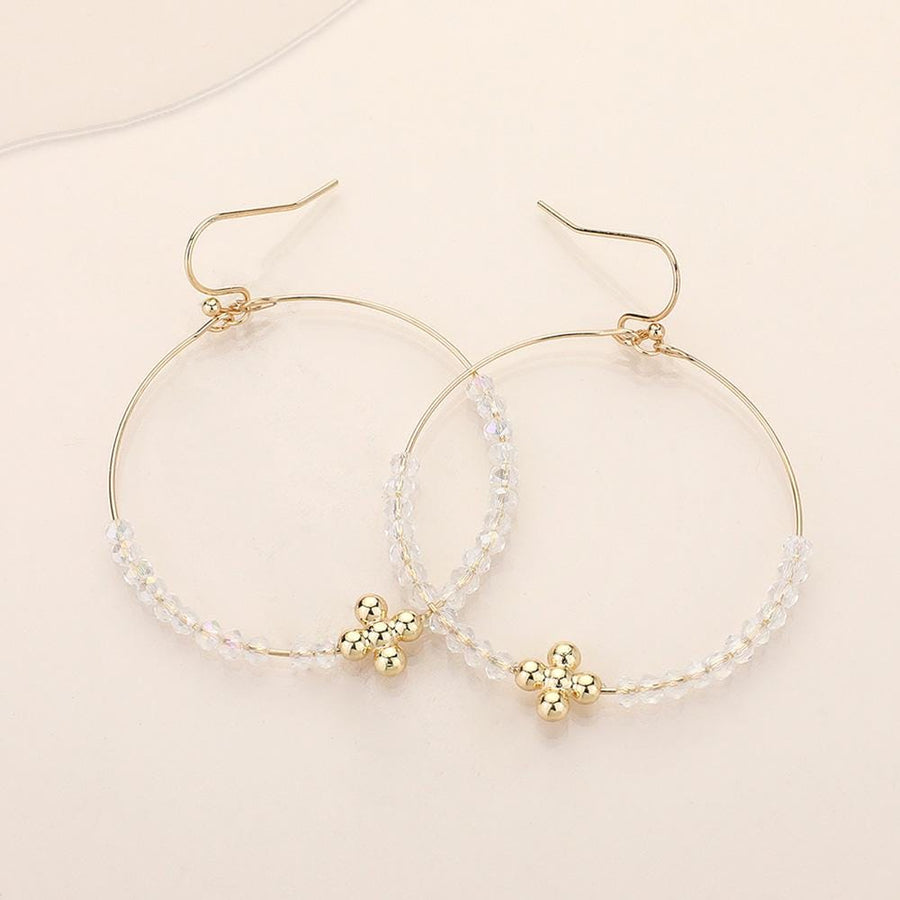 Metal Flower Beaded Hoop Earrings, Faceted Open Ring Dangle Jewelry