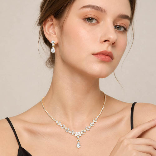 Teardrop CZ Floral Necklace | Bridal Crystal Statement Jewelry Set