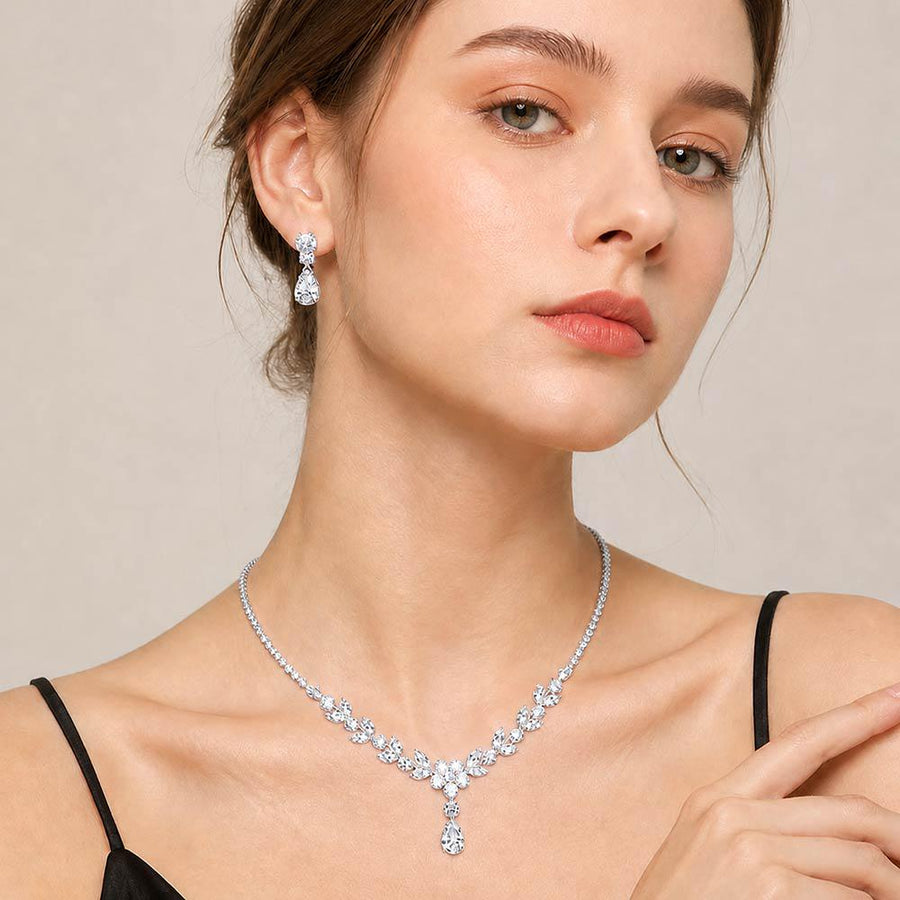 Teardrop CZ Floral Necklace | Bridal Crystal Statement Jewelry Set