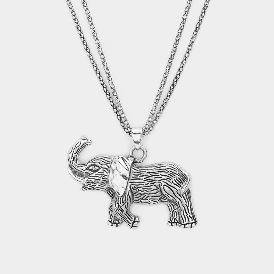 Textured Metal Elephant Pendant Double Chain Necklace, Boho Animal Statement Jewelry