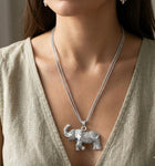Textured Metal Elephant Pendant Double Chain Necklace, Boho Animal Statement Jewelry