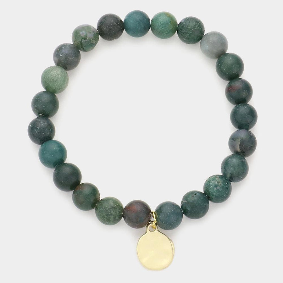 Natural Stone Hammered Metal Charm Stretch Bracelet, Boho Beaded Jewelry