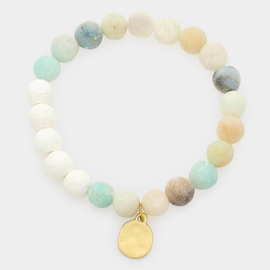 Natural Stone Hammered Metal Charm Stretch Bracelet, Boho Beaded Jewelry