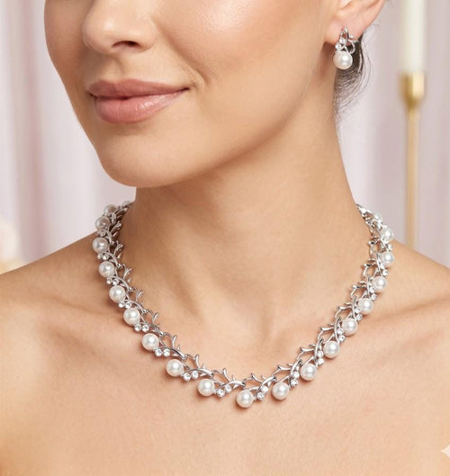 Rhinestone Pearl Accent Necklace | Bridal Statement Jewelry for Weddings & Formal Wear