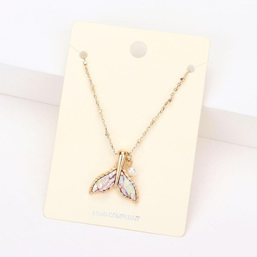 Patterned Whale Tail Pearl Pendant Necklace, Ocean Lover Coastal Jewelry