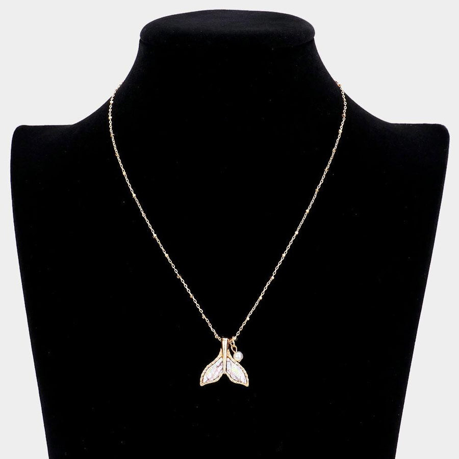 Patterned Whale Tail Pearl Pendant Necklace, Ocean Lover Coastal Jewelry