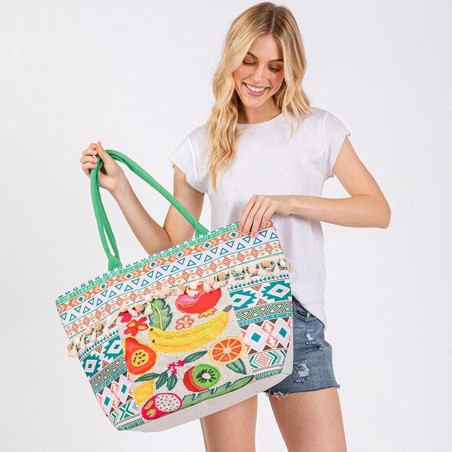 Boho Fruit Print Fringe Tote Bag | Bohemian Beach Handbag | Vacation Shoulder bag