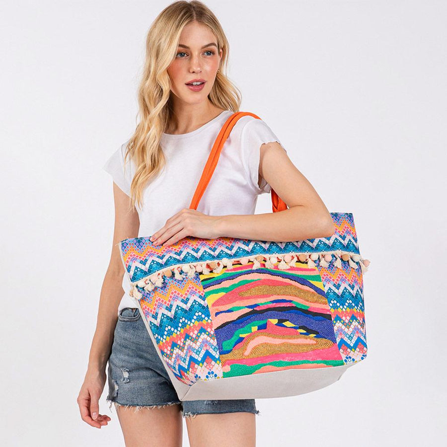 Boho Fruit Print Fringe Tote Bag | Bohemian Beach Handbag | Vacation Shoulder bag