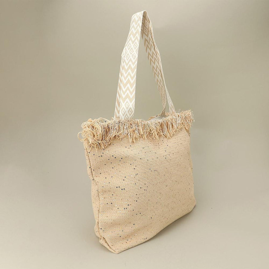 Sequin Embellished Woven Tote Bag | Large Frayed Shoulder Beach Bag | Boho Summer Handbag