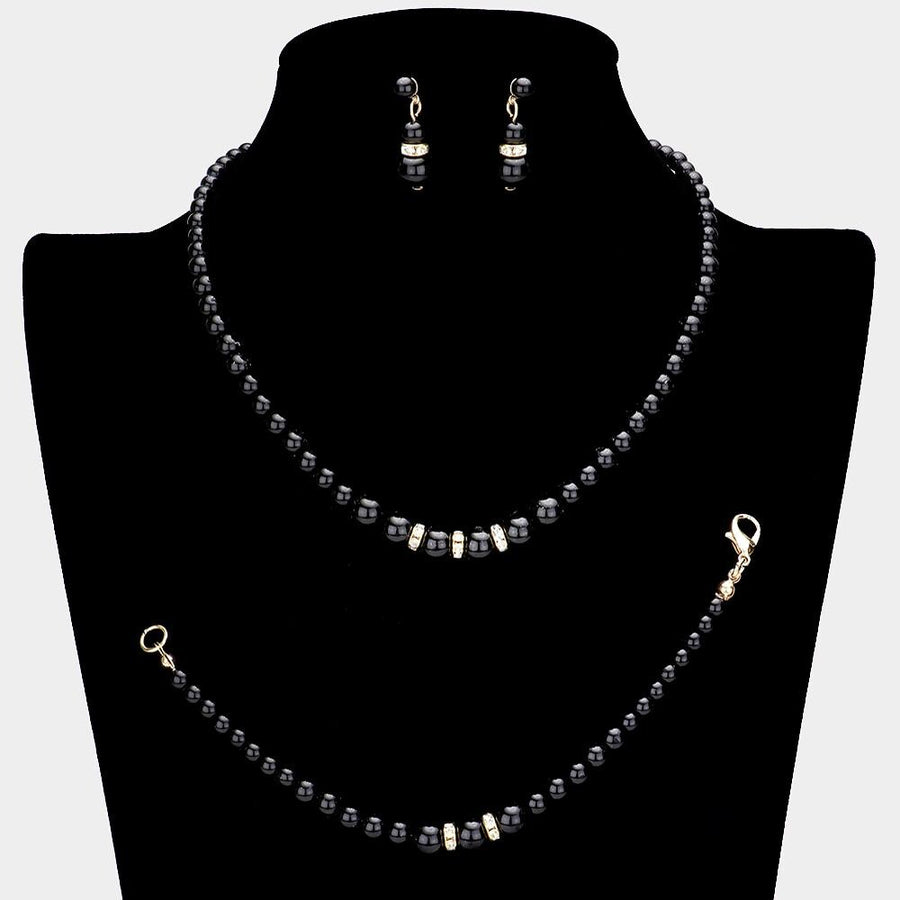 3 PCS Crystal Detail Pearl Jewelry Set, Necklace Earrings Bracelet, Elegant Bridal Wedding Gift