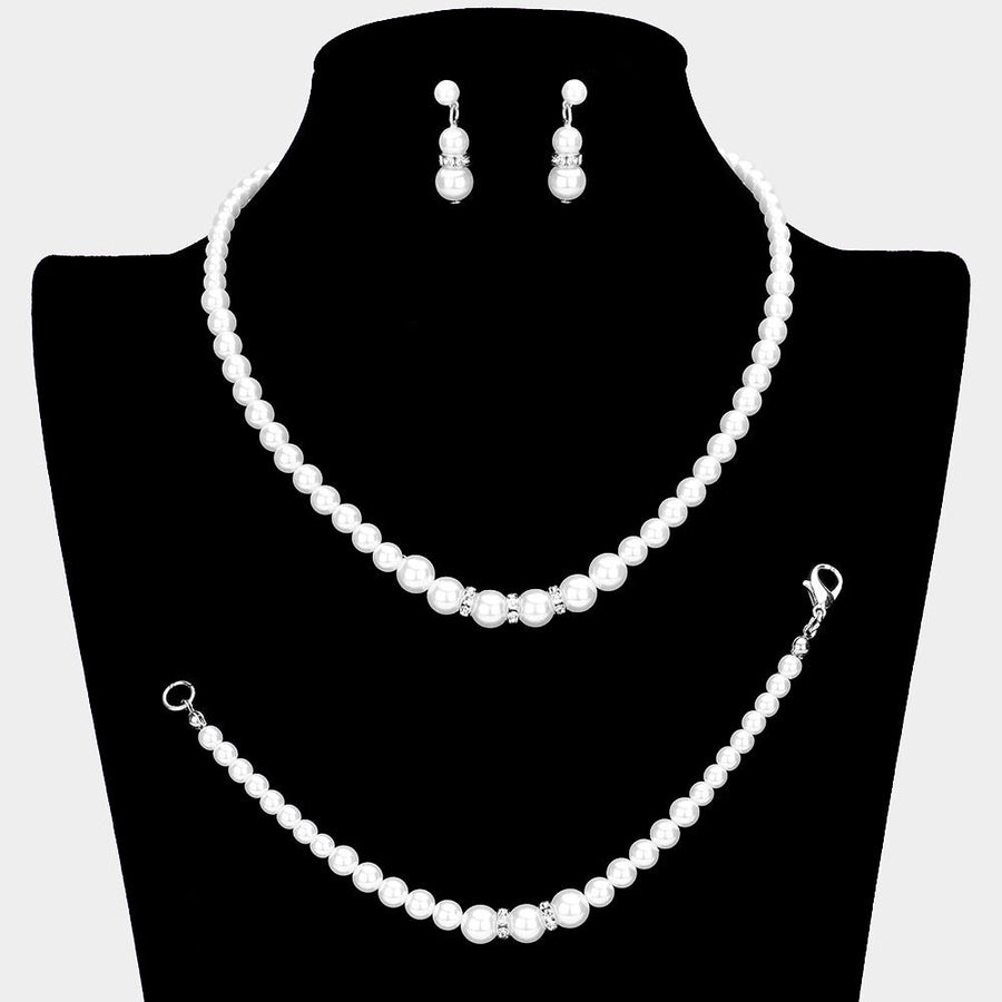 3 PCS Crystal Detail Pearl Jewelry Set, Necklace Earrings Bracelet, Elegant Bridal Wedding Gift