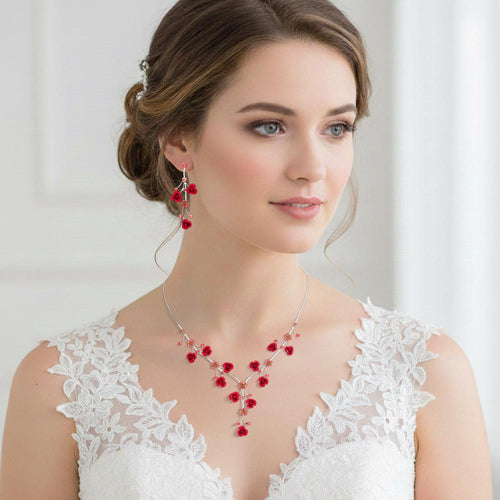 Rhinestone Rose Flower Vine Necklace Set, Elegant Crystal Bridal Jewelry