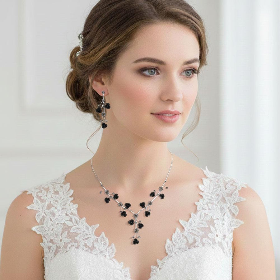 Rhinestone Rose Flower Vine Necklace Set, Elegant Crystal Bridal Jewelry