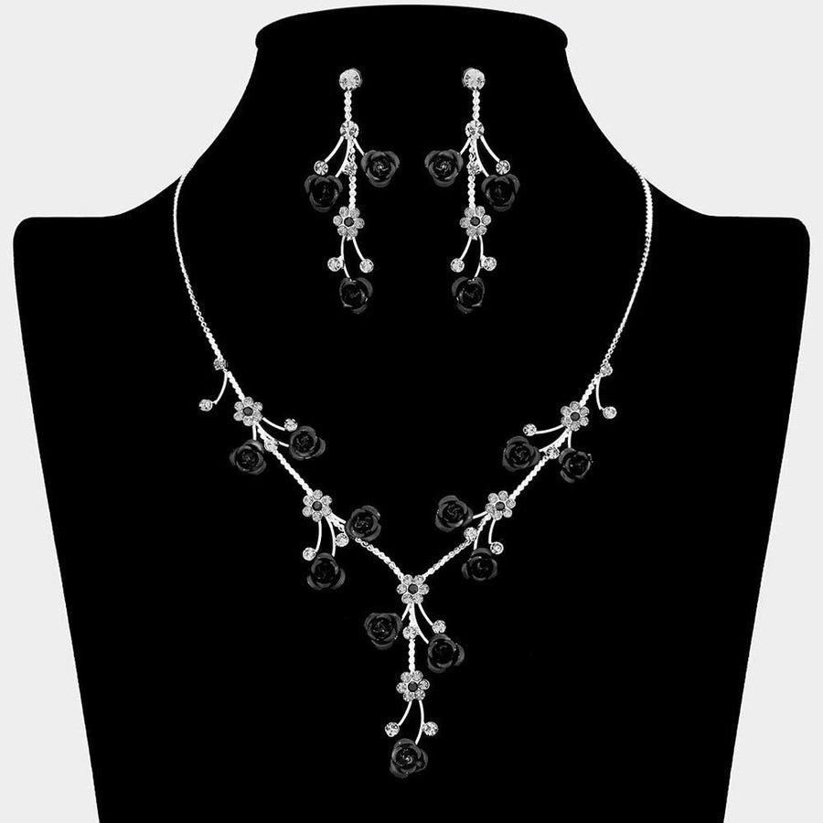 Rhinestone Rose Flower Vine Necklace Set, Elegant Crystal Bridal Jewelry