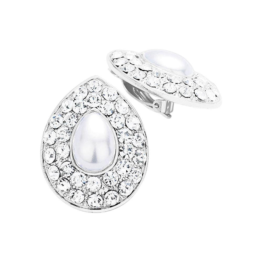 Teardrop Pearl Clip On Earrings, Pave Drop Bridal Wedding Jewelry