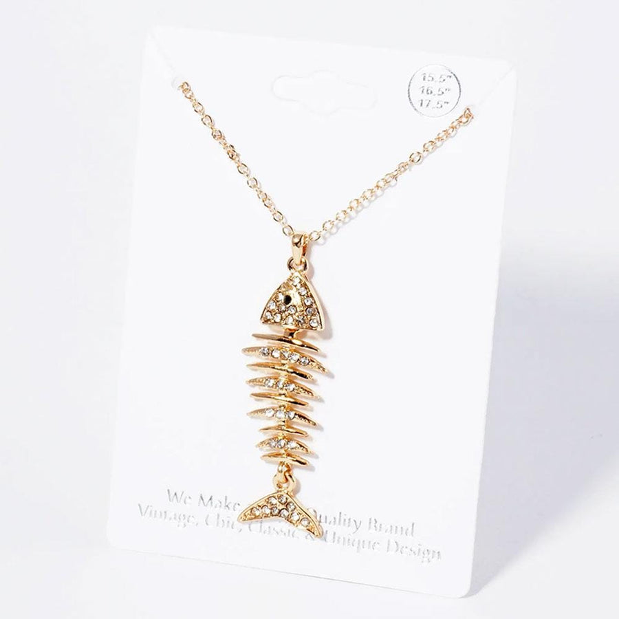Crystal Pave Fishbone Pendant Necklace, Edgy Minimalist Charm Jewelry