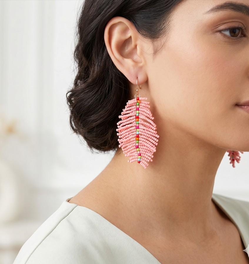 Seed Beaded Feather Dangle Earrings | Colorful Boho Statement Jewelry