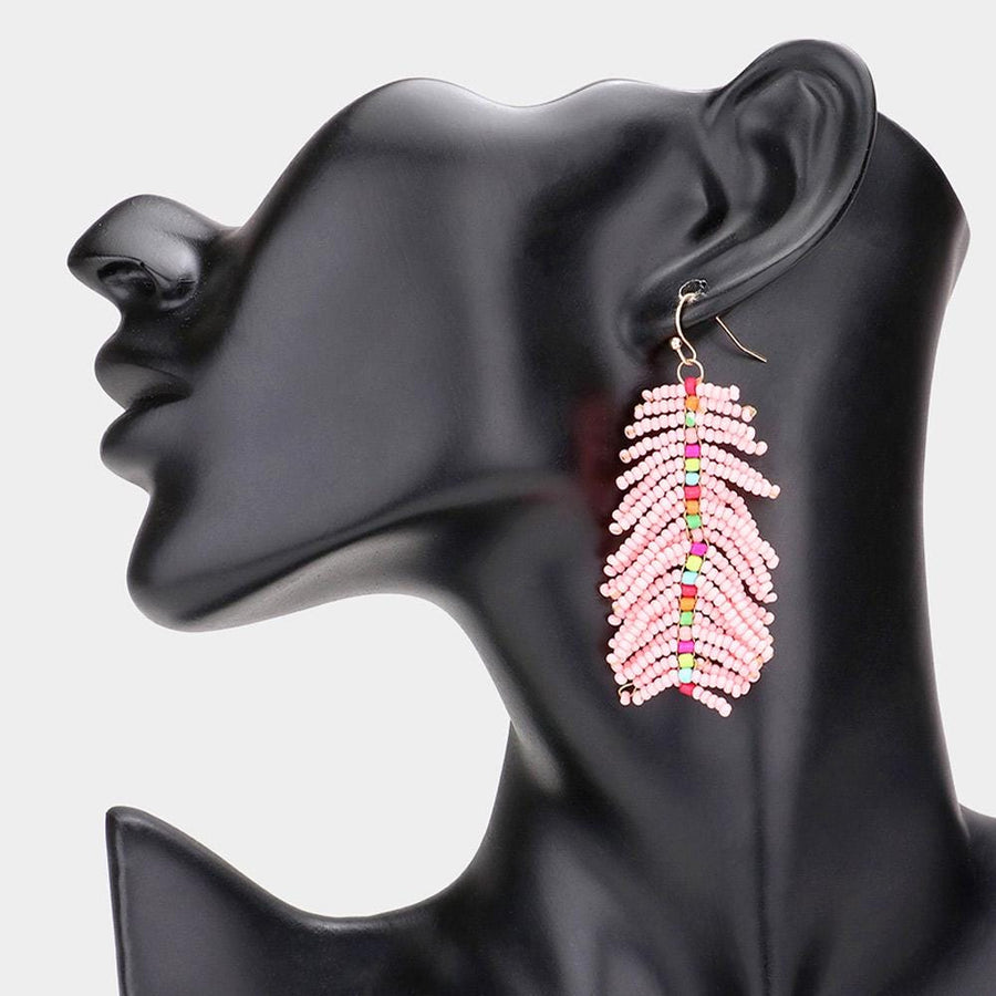 Seed Beaded Feather Dangle Earrings | Colorful Boho Statement Jewelry