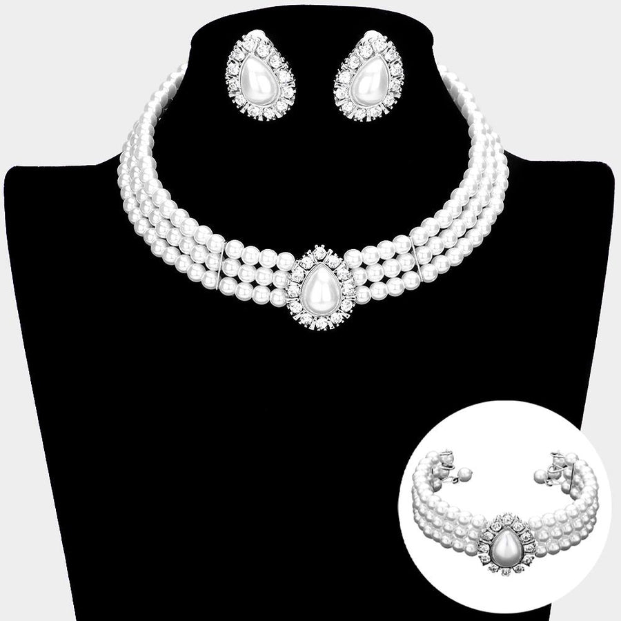 3-Piece Teardrop Pearl Choker Jewelry Set, Layered Necklace, Bridal Wedding Statement Choker