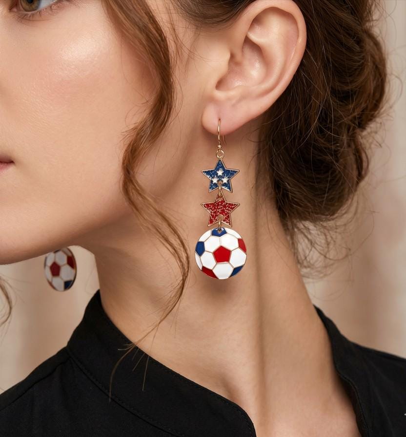 Glitter Double Star Soccer Ball Earrings | Game Day Drop Earring | Team Spirit Statement Earrings
