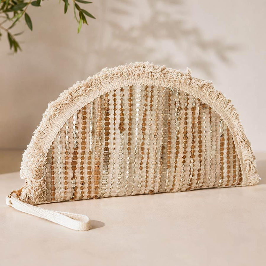 Boho Fringe Textured Half Moon Clutch Bag | Woven Bohemian Wristlet Purse | Chic Evening Purse