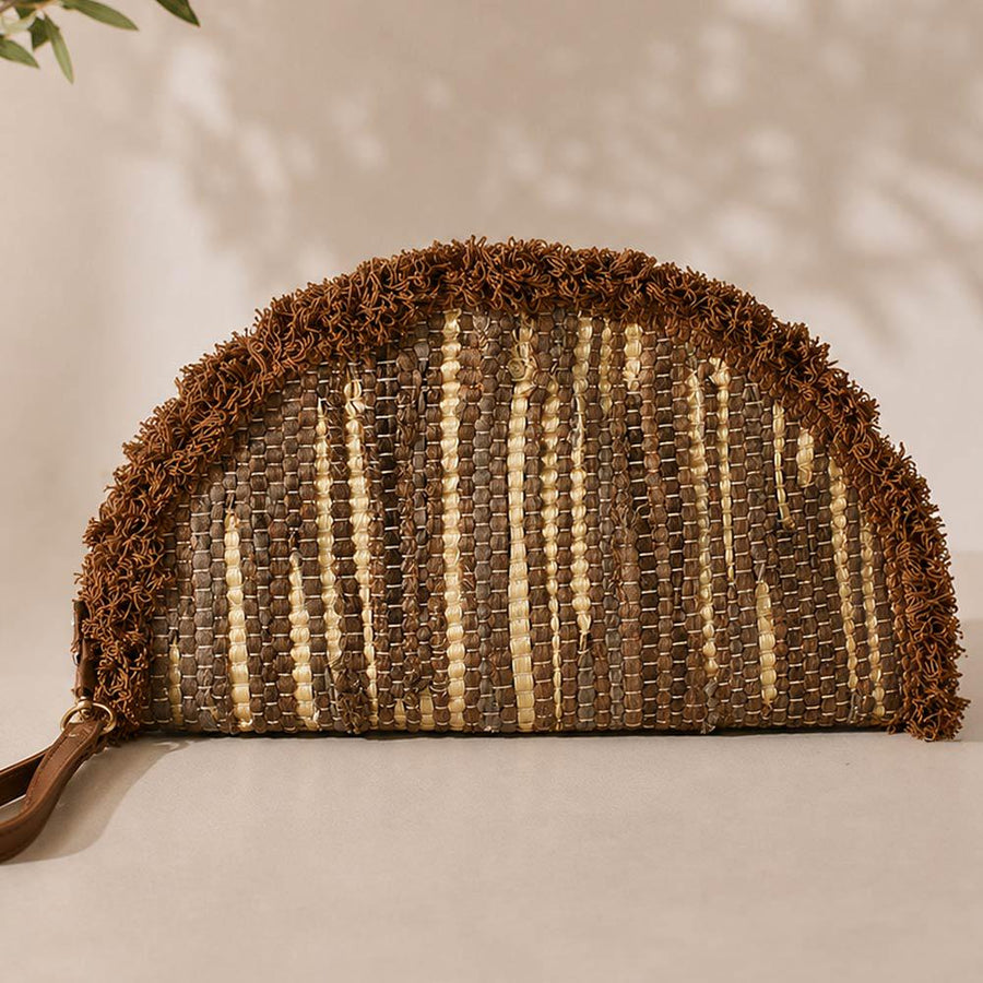 Boho Fringe Textured Half Moon Clutch Bag | Woven Bohemian Wristlet Purse | Chic Evening Purse