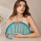 Boho Fringe Textured Half Moon Clutch Bag | Woven Bohemian Wristlet Purse | Chic Evening Purse