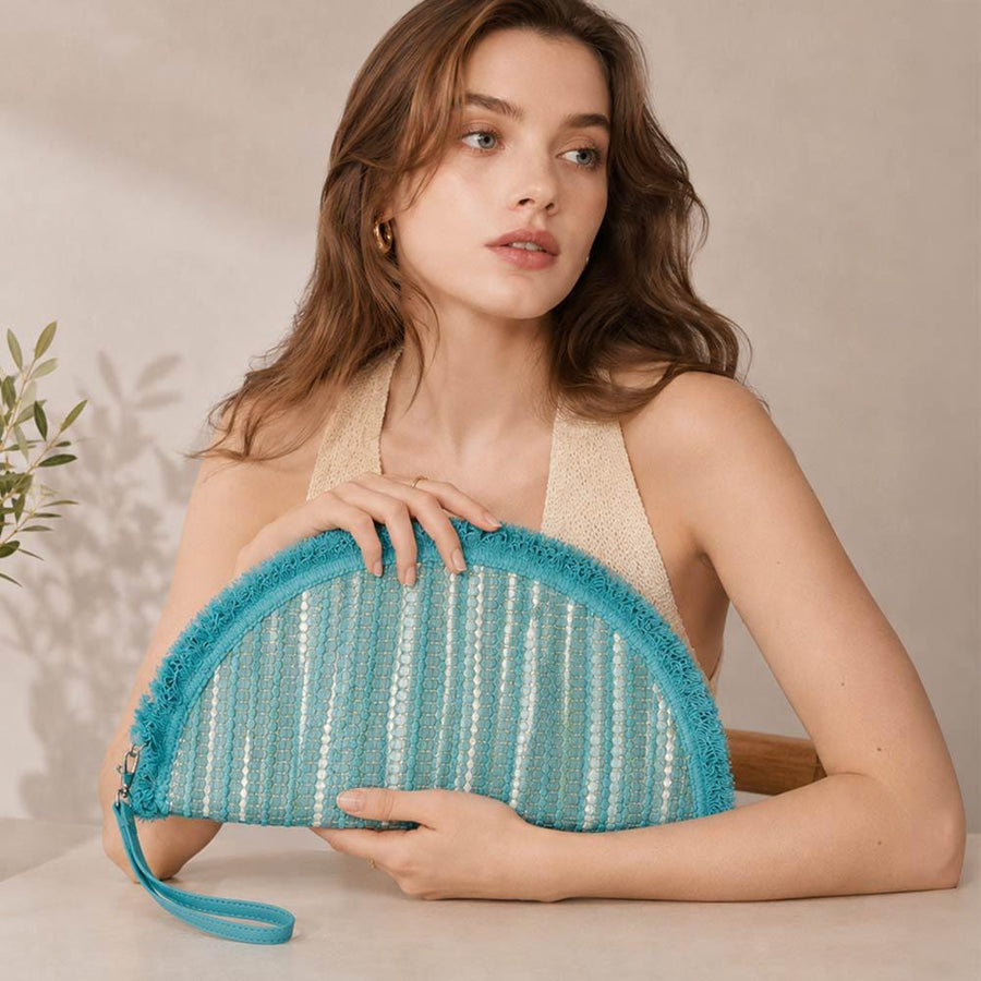 Boho Fringe Textured Half Moon Clutch Bag | Woven Bohemian Wristlet Purse | Chic Evening Purse
