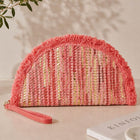 Boho Fringe Textured Half Moon Clutch Bag | Woven Bohemian Wristlet Purse | Chic Evening Purse