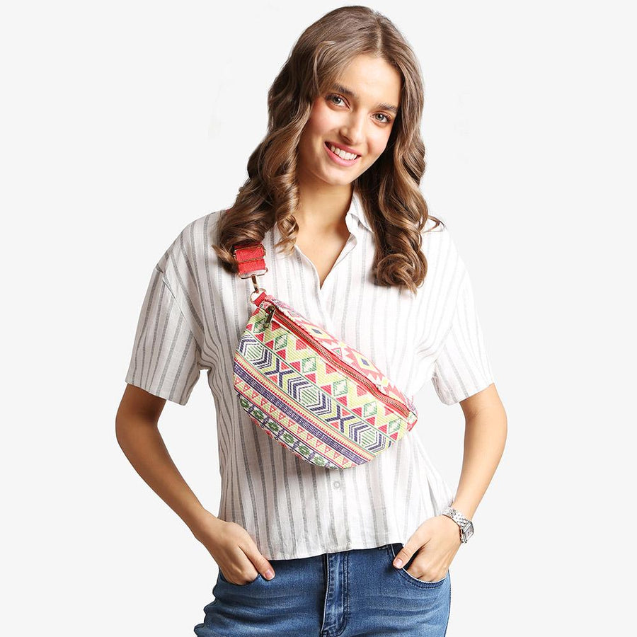 Boho Abstract Embroidered Crossbody Belt Sling Fanny Bag | Trendy Waist Bag | Travel Bohemian Purse